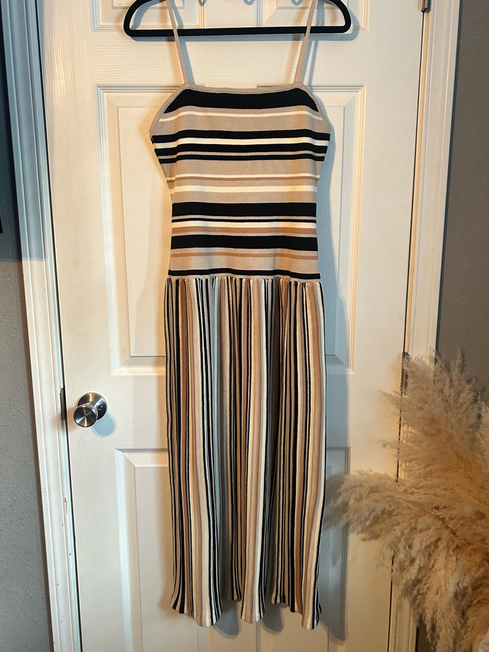 Striped Spaghetti‑Strap Midi Dress in Black & Cream
